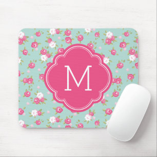 Mint en Roze Floral Print Monogram Muismat