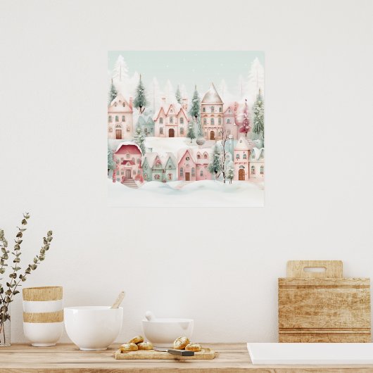 Mint en Roze Gezellige Waterverf Winter Scene Poster (Keuken)