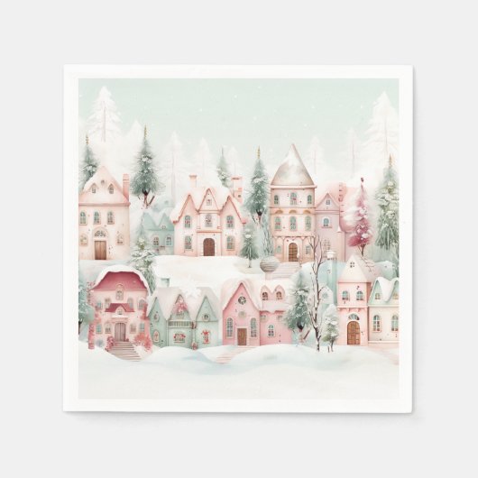Mint en Roze Gezellige Waterverf Winter Scene Servet (Voorkant)