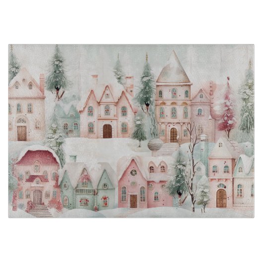 Mint en Roze Gezellige Waterverf Winter Scene Snijplank (Voorkant)