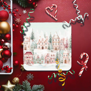 Mint en Roze Gezellige Waterverf Winter Scene Vierkante Kartonnen Onderzetter