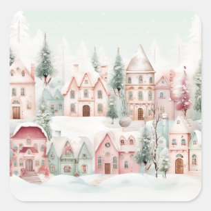 Mint en Roze Gezellige Waterverf Winter Scene Vierkante Sticker