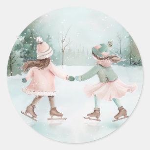 Mint en Roze Meisjes Schaatsen - Winter Scene Ronde Sticker