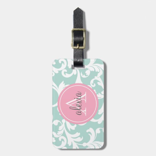 Mint en Roze Monogrammed Damask Print Bagagelabel (Voorkant verticaal)