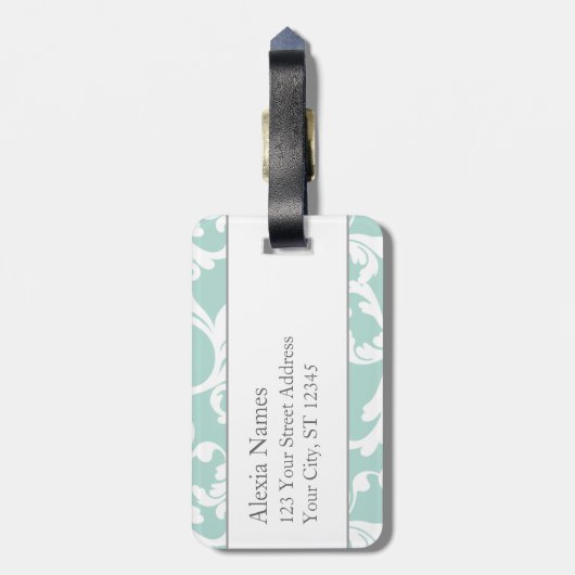 Mint en Roze Monogrammed Damask Print Bagagelabel (Achterkant verticaal)