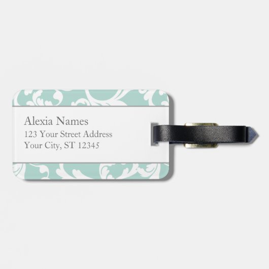 Mint en Roze Monogrammed Damask Print Bagagelabel (Achterkant horizontaal)
