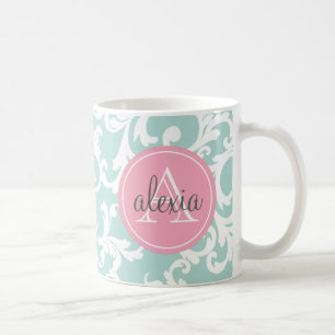 Mint en Roze Monogrammed Damask Print Koffiemok