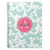 Mint en Roze Monogrammed Damask Print Notitieboek (Voorkant)