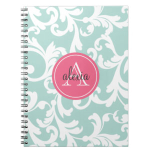 Mint en Roze Monogrammed Damask Print Notitieboek