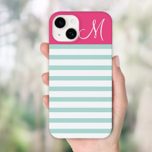 Mint en roze Preppy Strepen Monogram Case-Mate iPhone 14 Hoesje