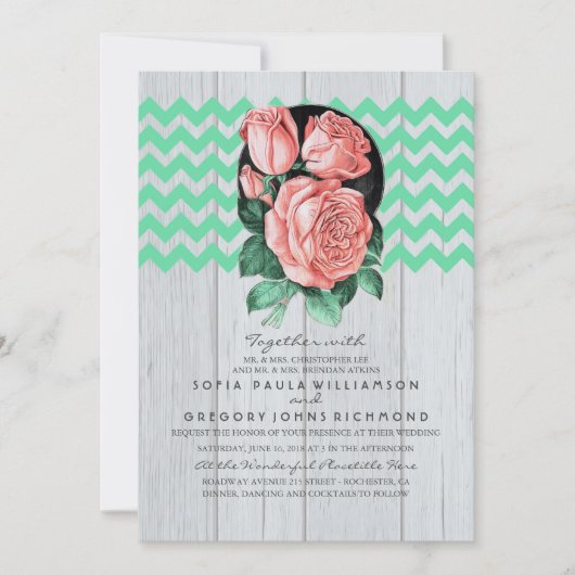 Mint en roze rustieke chique bruiloft uitnodiginge kaart (Voorkant)