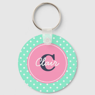 Mint en Roze Stippen, Initiaal, en Naam Sleutelhanger