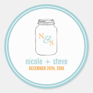 Mint en Tangerine Mason Jar Monogrammed Wedding Ronde Sticker
