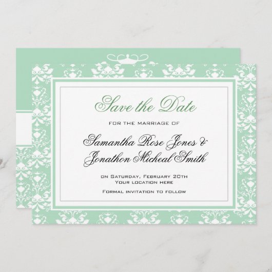 Mint en White Damask Wedding Invitation Save The Date (Voorkant / Achterkant)