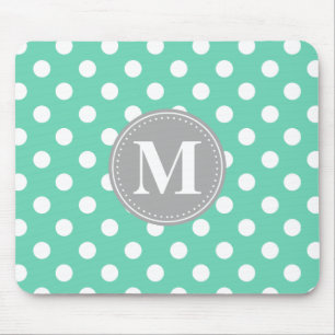 Mint en White Polka Dots Gray Monogram Muismat