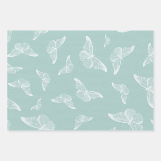 Mint en witte  vlinders inpakpapier vel (Voorkant 2)