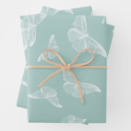 Mint en witte  vlinders inpakpapier vel (In situ)