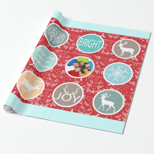 Mint Family Photo Reindeer Kerstmis Merry Bright Cadeaupapier (Uitgerold)