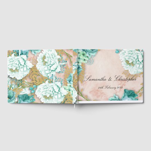 Mint Flowers and Pink Blush Floral Wedding Gastenboek (Volledig)
