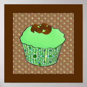 Mint-Frosted Chocolate Cupcake, Fractal Background Poster
