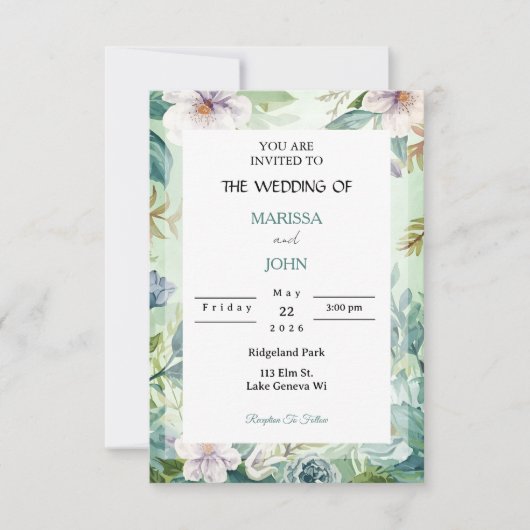 Mint Garden Elegance Wedding Invitation Kaart (Voorkant)