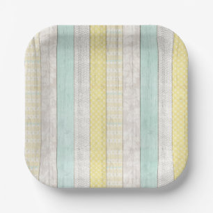 Mint & Geel Boho Geometrisch Patroon Rustic Hout Papieren Bordje