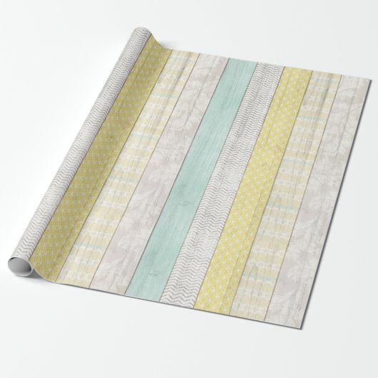 Mint & gele Boho Geometric Pattern Rustic Wood Cadeaupapier (Uitgerold)
