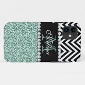 MINT GLITTER BLACK CHEVRON MONOGRAMMED Case-Mate iPhone CASE (Achterkant (horizontaal))