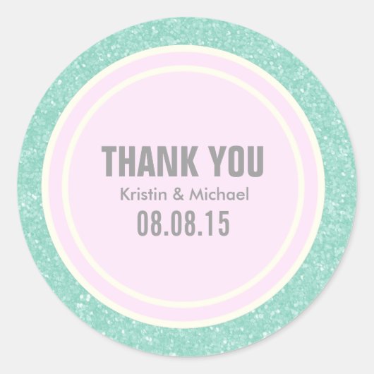 Mint Glitter & Light Pink Merci Stickers Rond (Devant)