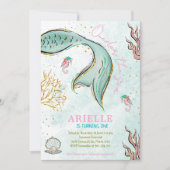 Mint Glitter Zeemeerminstaart onder het zee Uitnod Kaart (Voorkant)