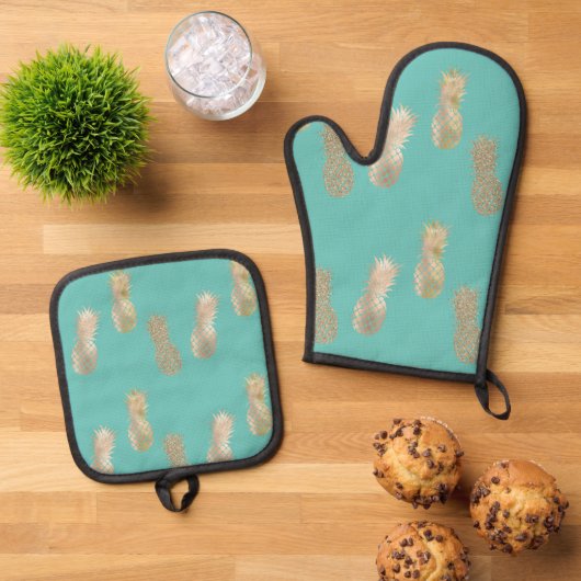 Mint Gold Glam Ananas Ovenwant & Pannenlap Set (Top down)