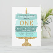 Mint & Gold Glitter Cake 1st Birthday Kaart (Staand voorkant)