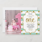 Mint, Gold Glitter First Birthday Photo Invitation Kaart (Voorkant)