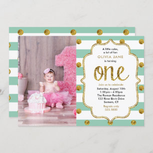 Mint, Gold Glitter First Birthday Photo Invitation Kaart