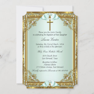 Mint Gold Pearl Damask Cross Baptisme Christening Kaart