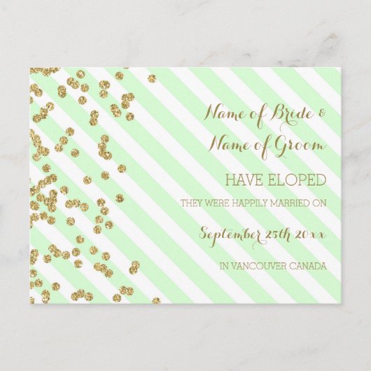 Mint Gold Stripes Elopement Aankondiging Briefkaar (Voorkant)
