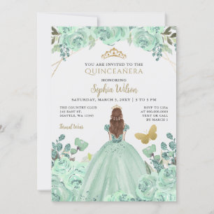 Mint Goud Bloemen Prinses Quinceañera Quince Kaart