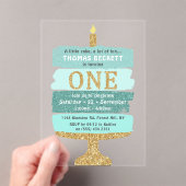 Mint & Goud Glitter Cake 1e Verjaardag Acryl Uitnodigingen (Insitu (Draagbaar))