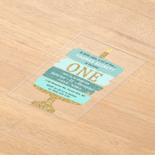 Mint & Goud Glitter Cake 1e Verjaardag Acryl Uitnodigingen (Laagn)