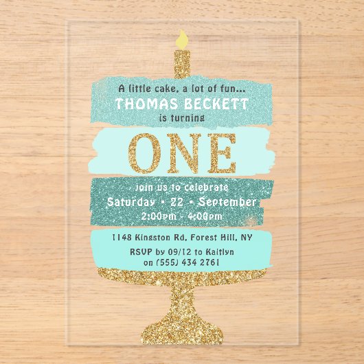 Mint & Goud Glitter Cake 1e Verjaardag Acryl Uitnodigingen (Voorkant)