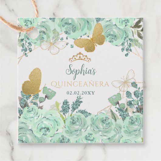 Mint gouden bloemvlinder Quinceañera Bedankjes Labels (Voorkant)