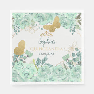 Mint gouden bloemvlinder Quinceañera Servet