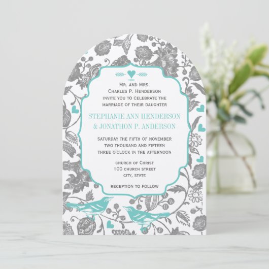  Mint Gray Floral Pattern Lovebird Wedding Kaart (Staand voorkant)