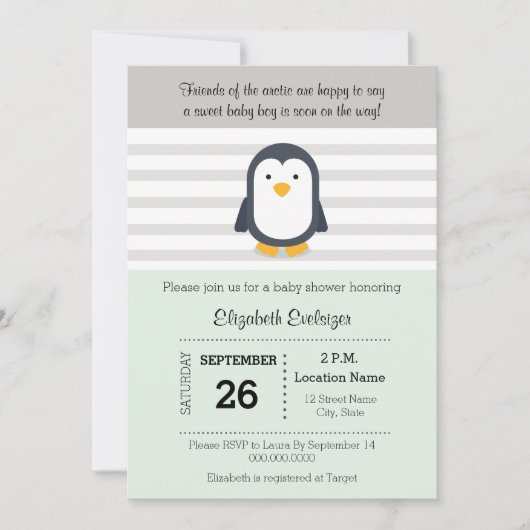 Mint Gray Penguin Baby shower Uitnodiging (Voorkant)