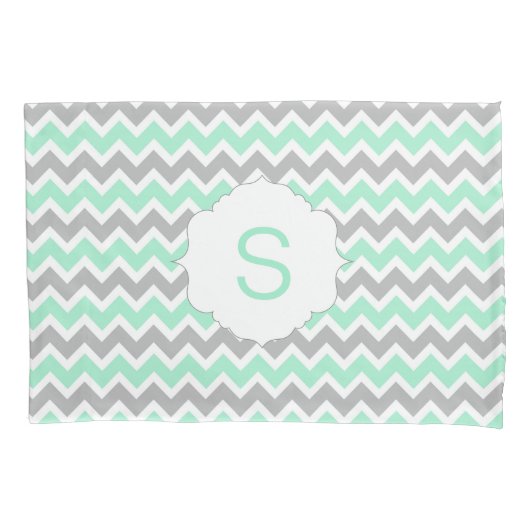 Mint Gray White Chevron Monogram kussen hoesje Kussensloop (Voorkant)
