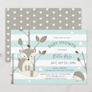 Mint Gray Woodland Fox Hegel Baby shower Kaart