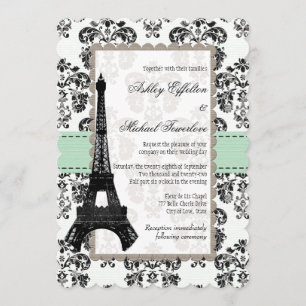 Mint Green and Black Damask Eiffel Tower Wedding Kaart