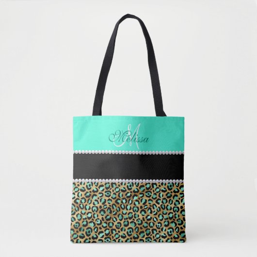 Mint Green and Black Leopard Print Monogramed Draagtas (Voorkant)