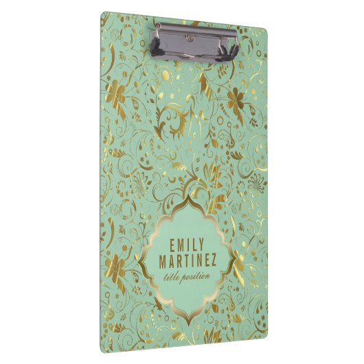 Mint Green and Gold Floral Fabric Pattern Klembord (Rechts)