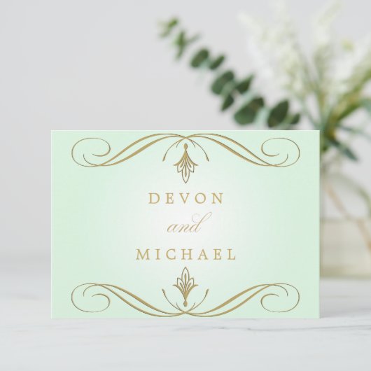 Mint Green and Gold Swirl Wedding Response Cards RSVP Kaartje (Staand voorkant)